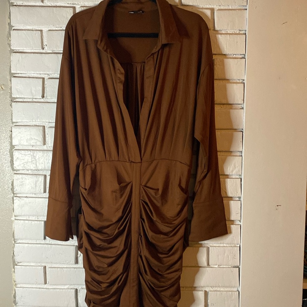 Fashion Nova deep v neck brown dress